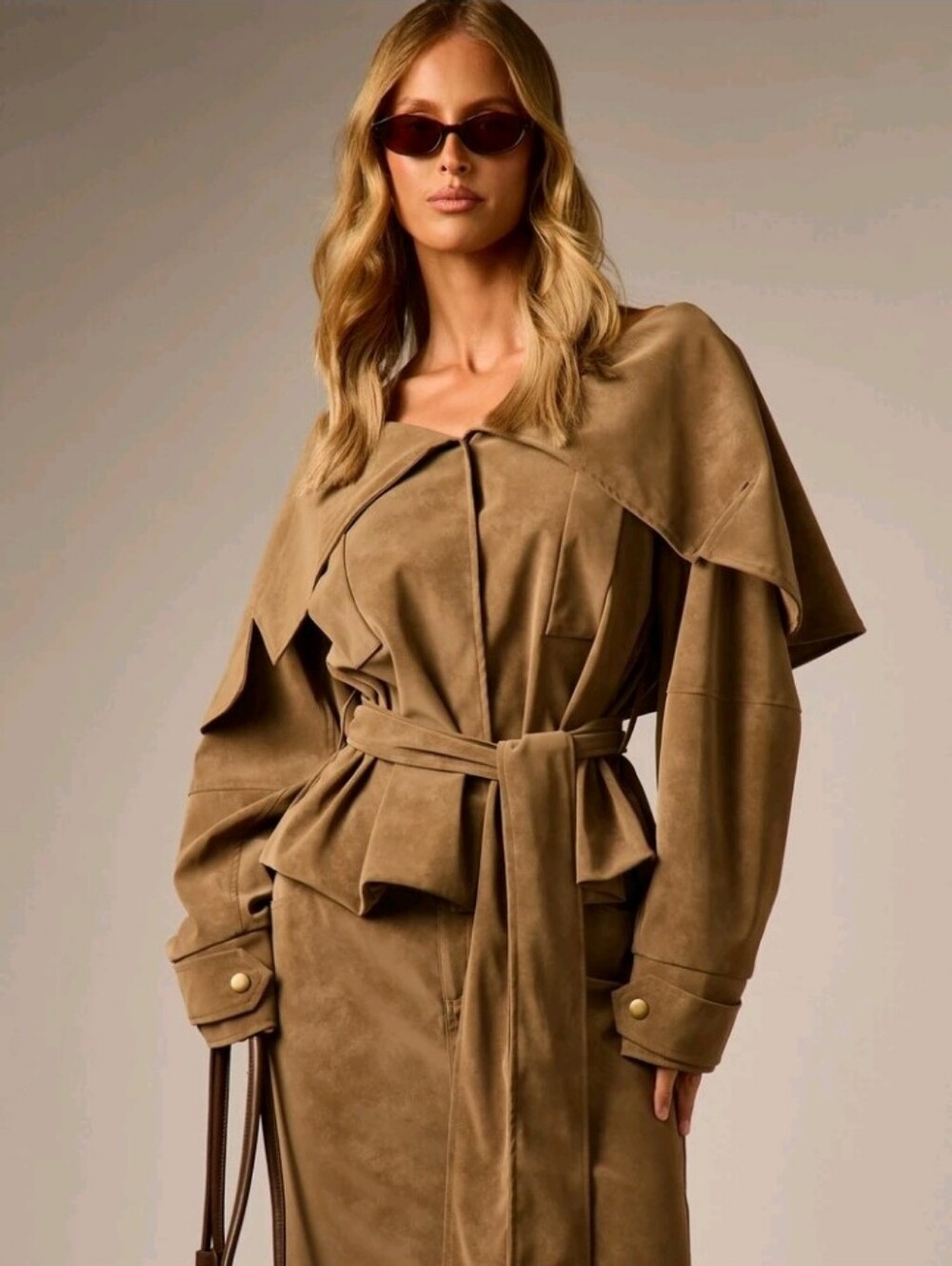 Suede Belted Trench Coat - Tan